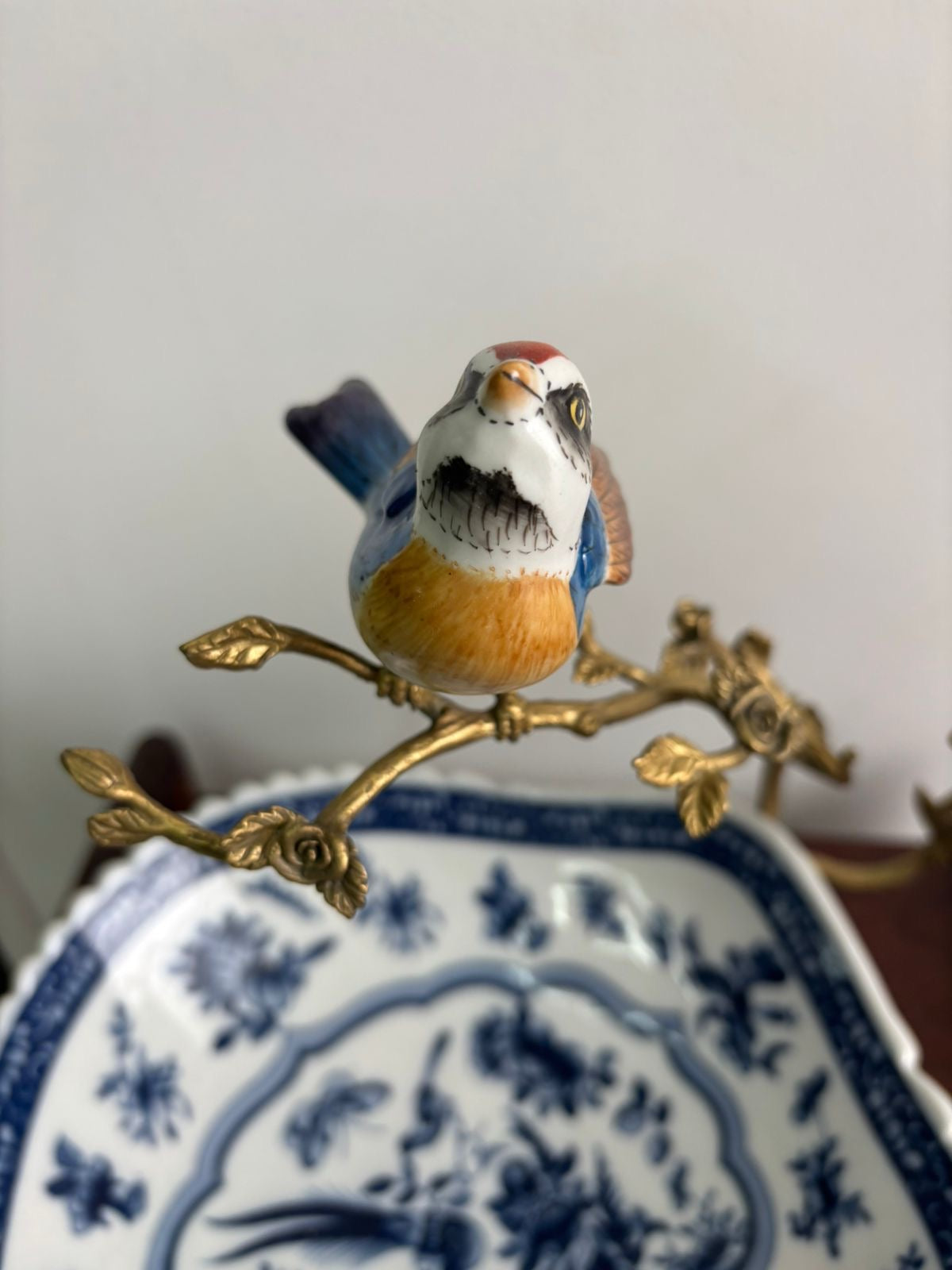 Stamped Bleu Blanc Chinoiserie Centerpiece with Bronze & Porcelain Birds