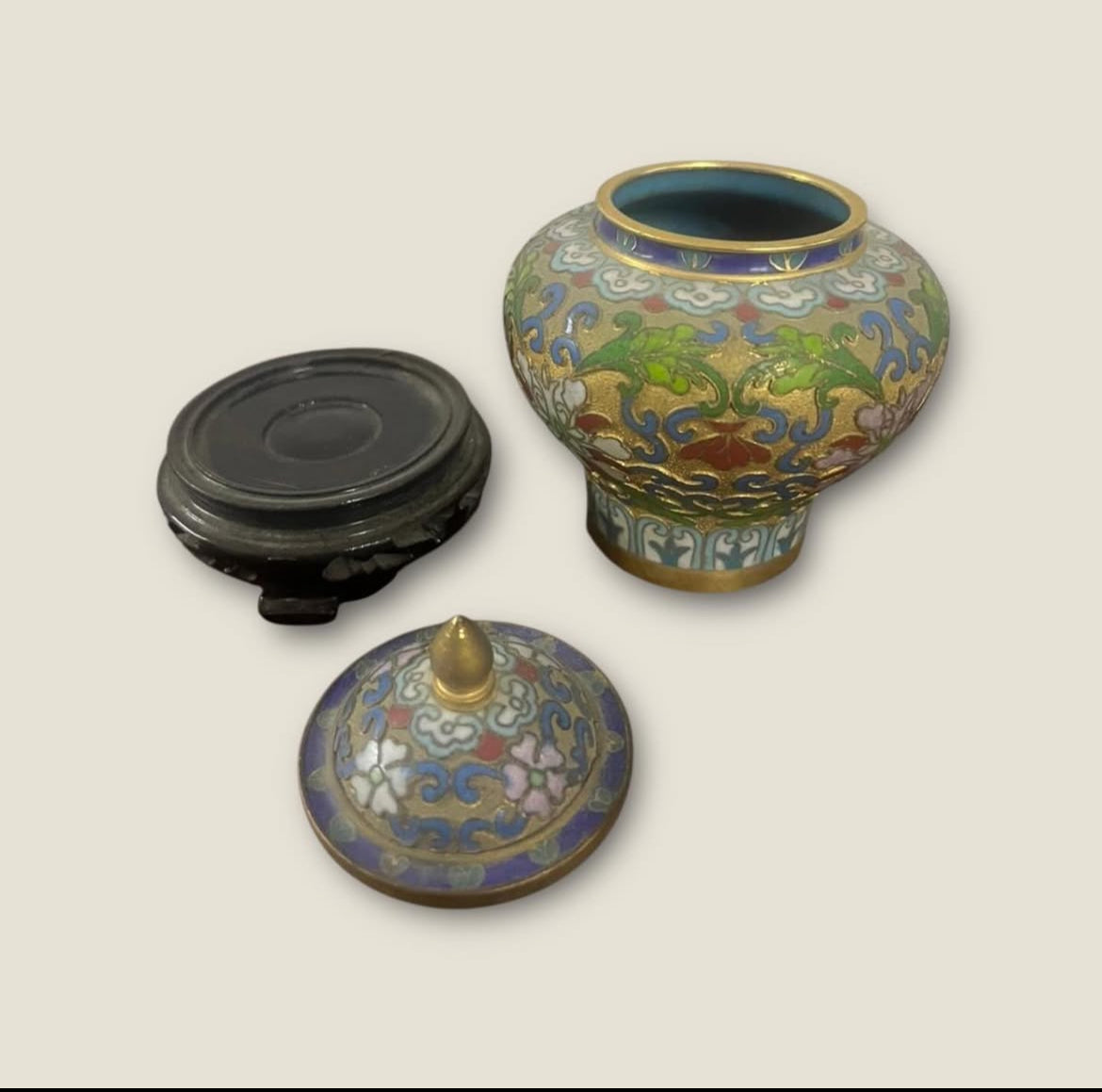 Antique Cloisonné Potiche – Ornate Enamel on Wooden Stand