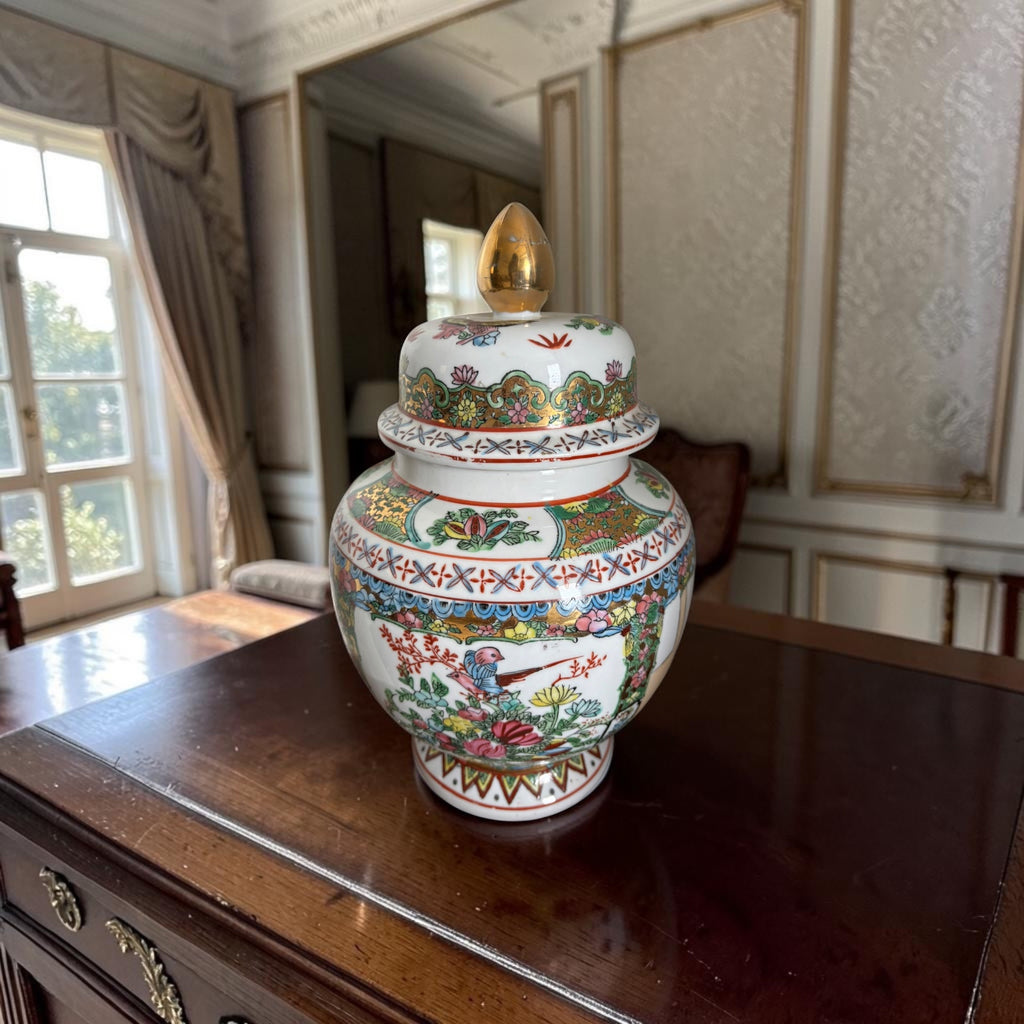Large Vintage Chinoiserie Cachepot with Red Mark, Figures & Birds