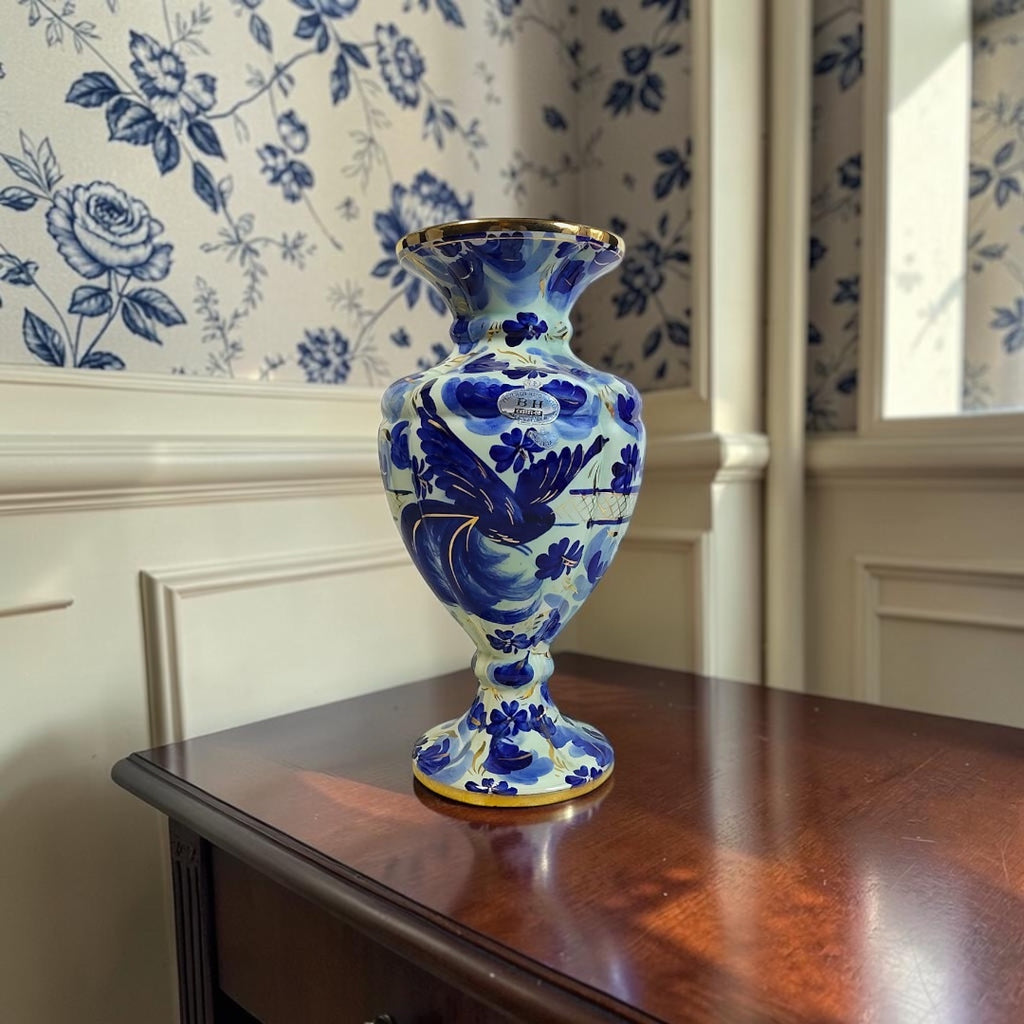 Antique Belgian Hand-Painted Bleu Blanc Porcelain Vase with Gold Accents