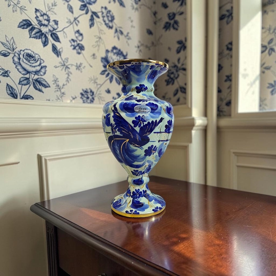 Antique Belgian Hand-Painted Bleu Blanc Porcelain Vase with Gold Accents
