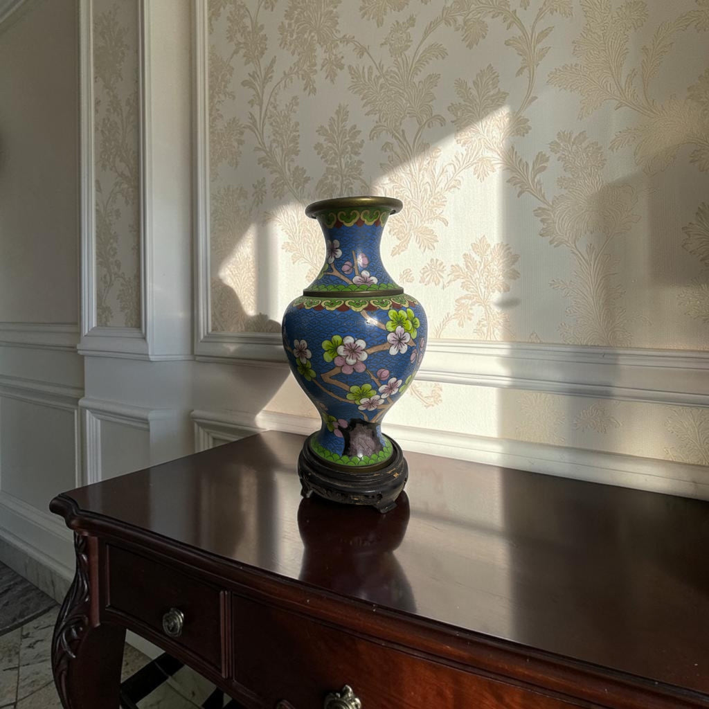 Smooth Cloisonné Vase with Floral & Bird Motifs and Base