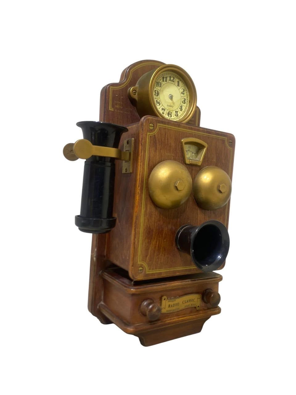 Vintage European Handcrafted Oak Radio & Clock with Bronze Inlay