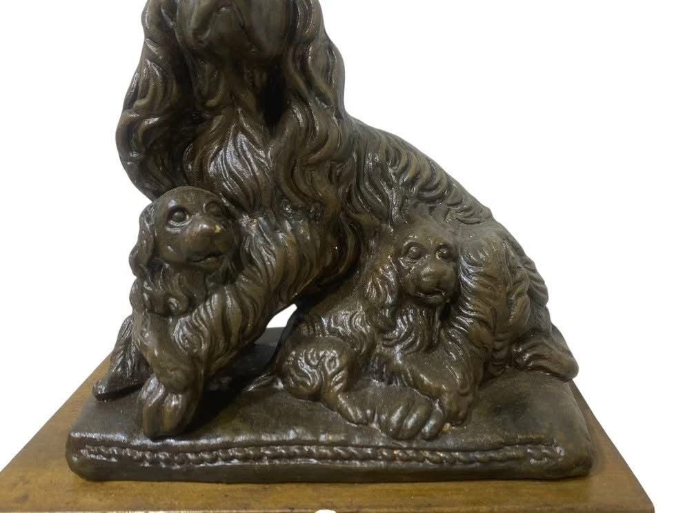 Authentic Antique French Spelter (Semi-Bronze) Statue – Three Dogs – Solid Wood Base