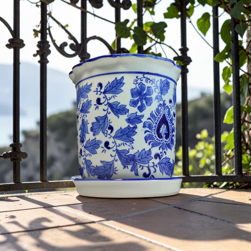 Stamped Bleu Blanc Chinoiserie Porcelain Cachepot with Matching Saucer