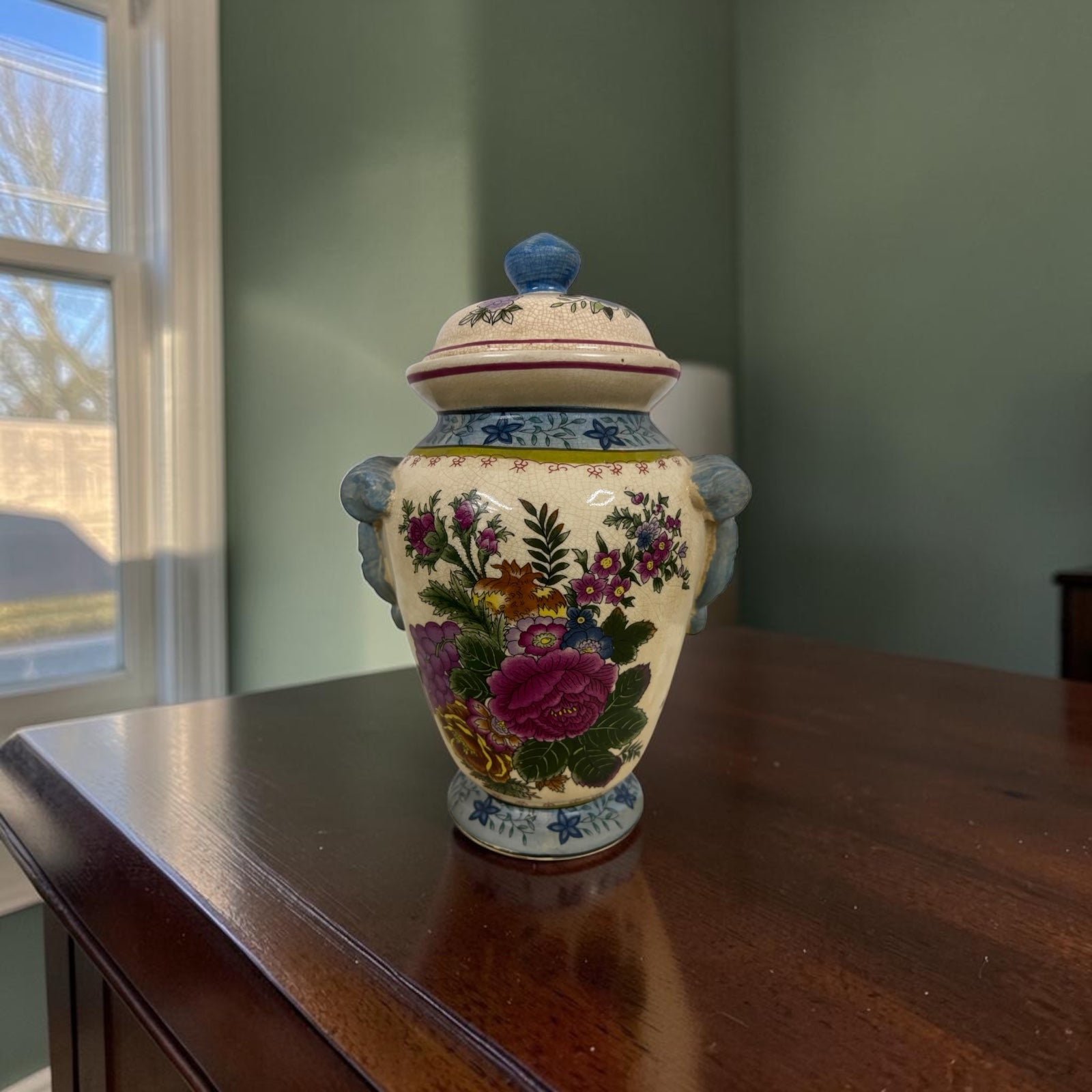 Antique Hand-Painted Chinoiserie Floral Potiche with Crackle Glaze