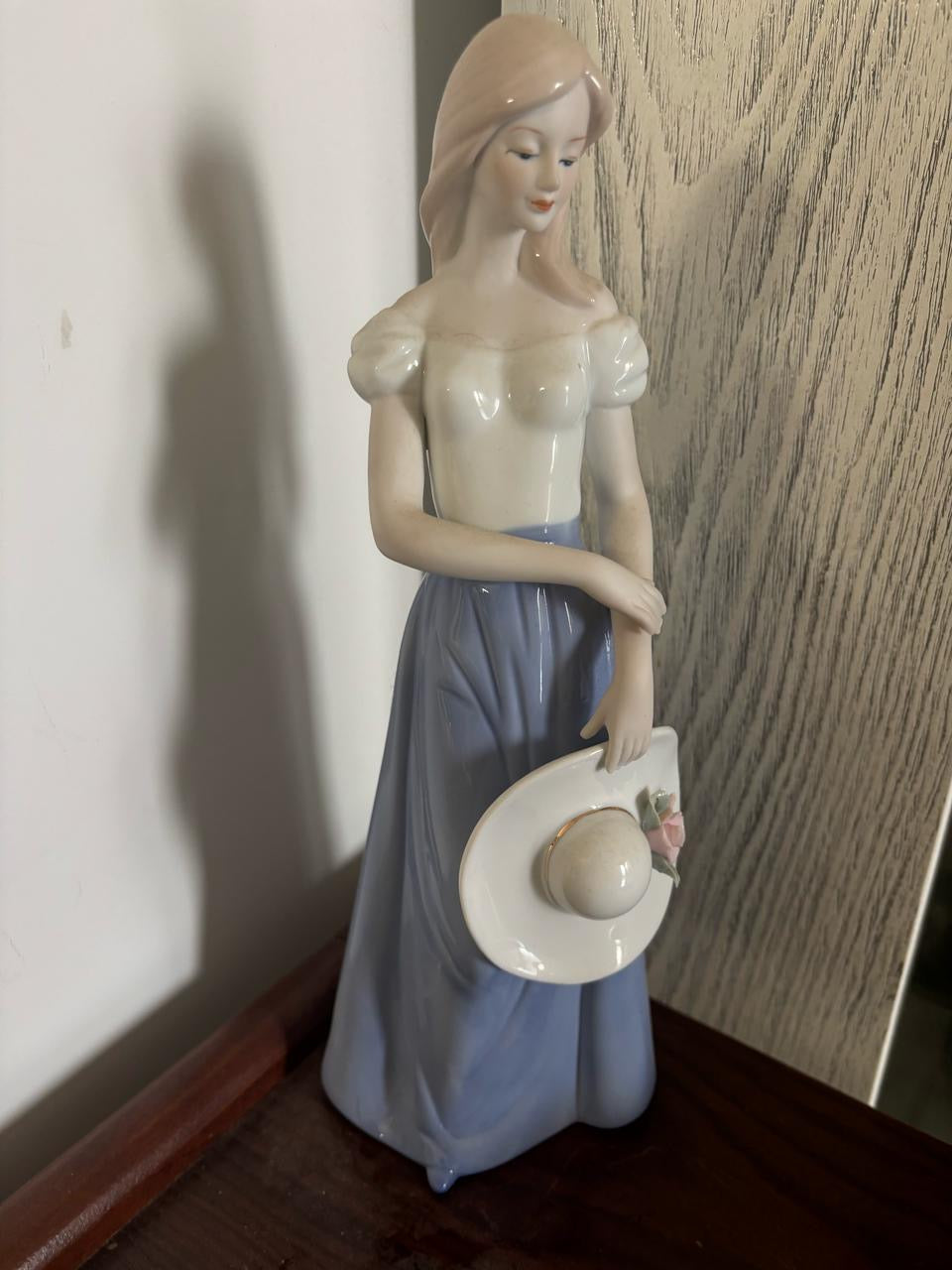 European Porcelain Figurine – Lady with Bonnet – Blue & White Dress