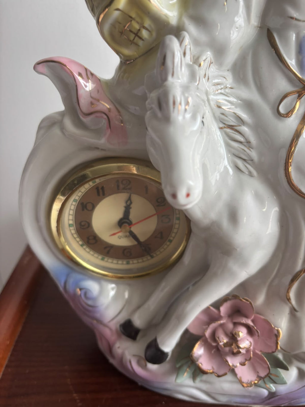 Large Chinoiserie Lady, Horse & Floral Lamp with Clock