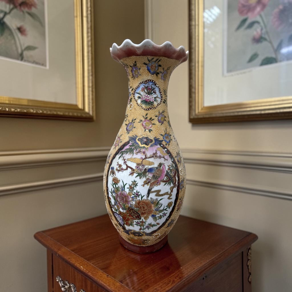 Large Chinoiserie Porcelain Vase with Raised Floral & Bird Motifs