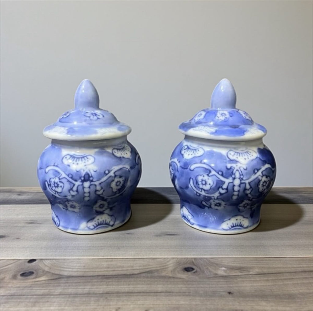 Set of 2 Lidded Cruets – Bleu Blanc Chinese Porcelain – Hand-Painted – Vintage