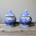Set of 2 Lidded Cruets – Bleu Blanc Chinese Porcelain – Hand-Painted – Vintage