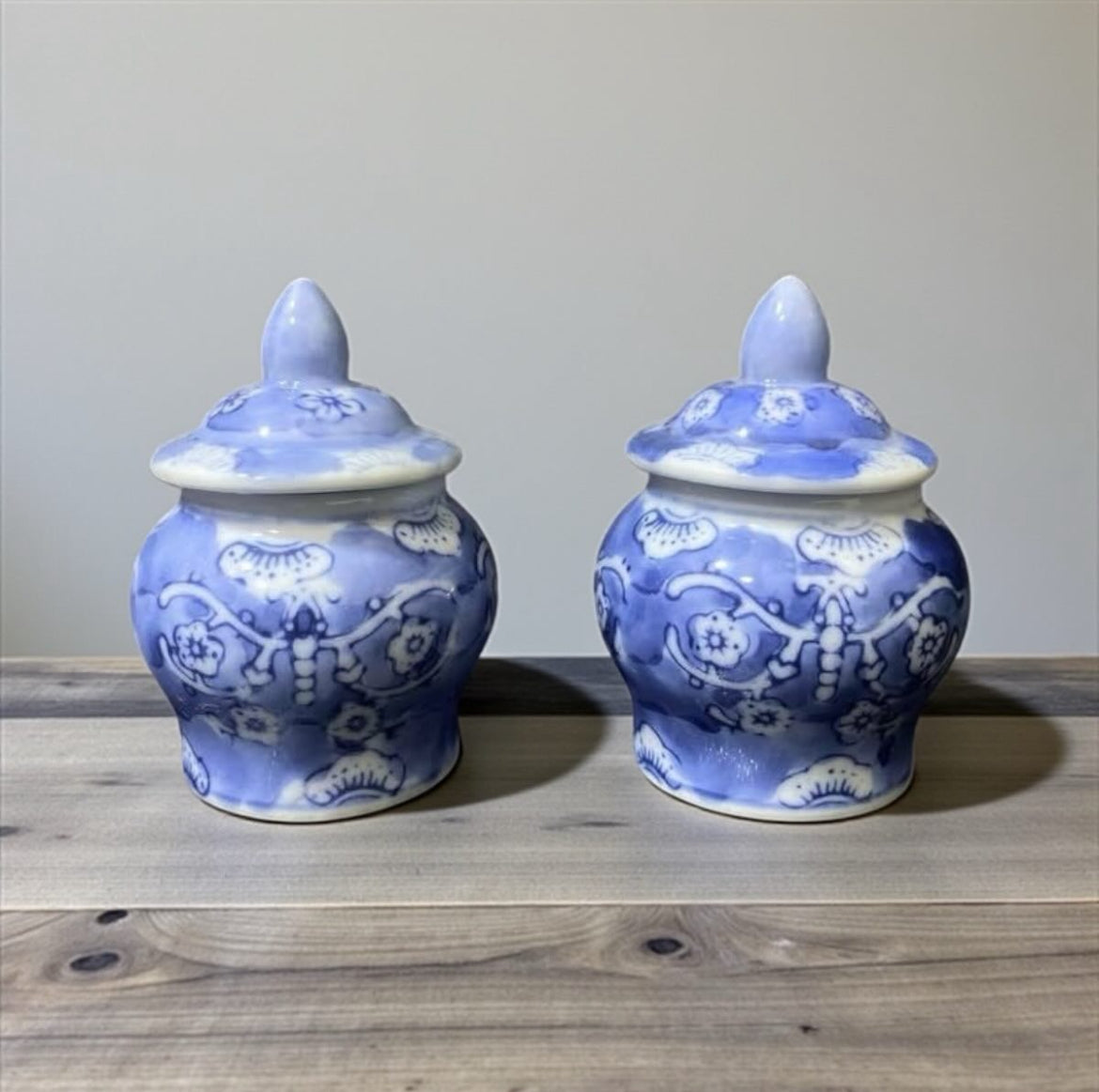 Set of 2 Lidded Cruets – Bleu Blanc Chinese Porcelain – Hand-Painted – Vintage