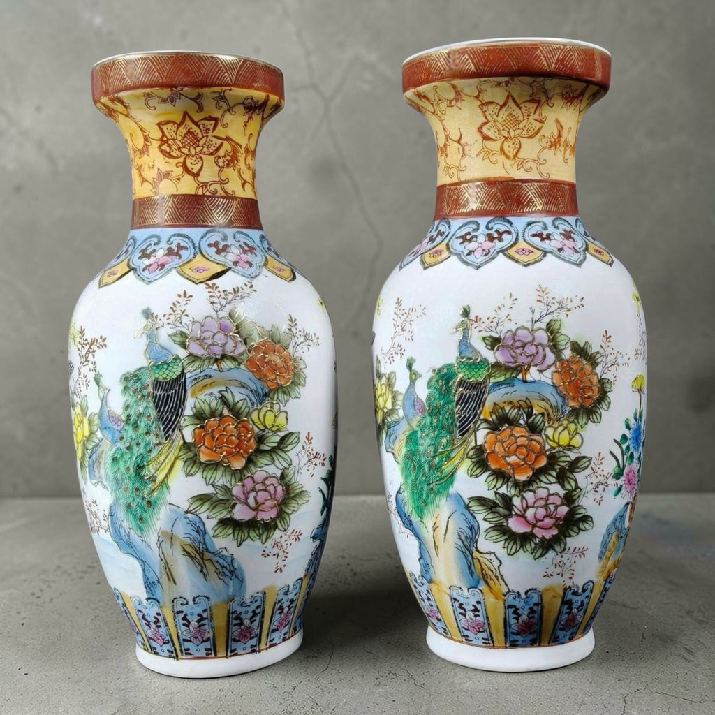 Chinoiserie Porcelain Vases with Peacock Design