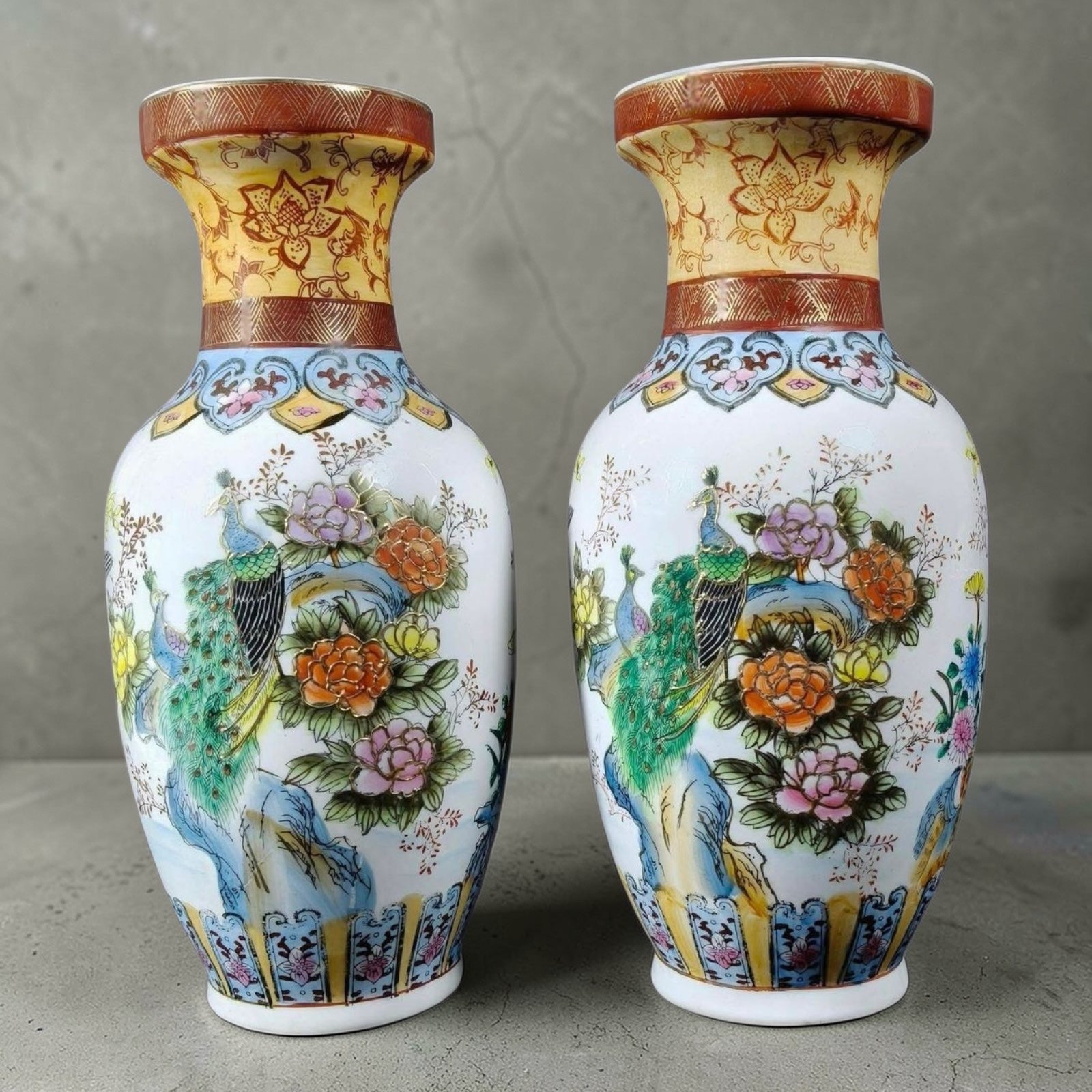 Chinoiserie Porcelain Vases with Peacock Design
