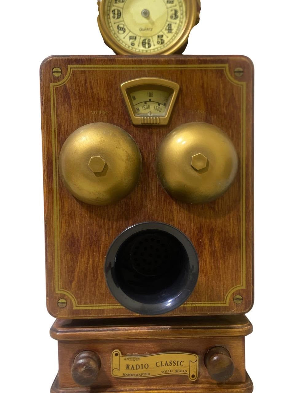 Vintage European Handcrafted Oak Radio & Clock with Bronze Inlay
