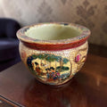 Small Chinoiserie Cachepot with Raised Figurine Design & Gold Accents