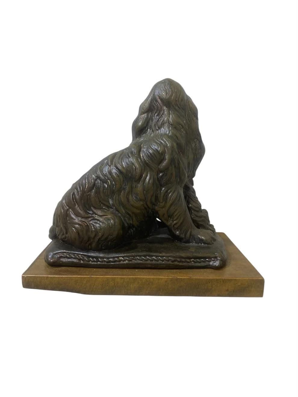 Authentic Antique French Spelter (Semi-Bronze) Statue – Three Dogs – Solid Wood Base