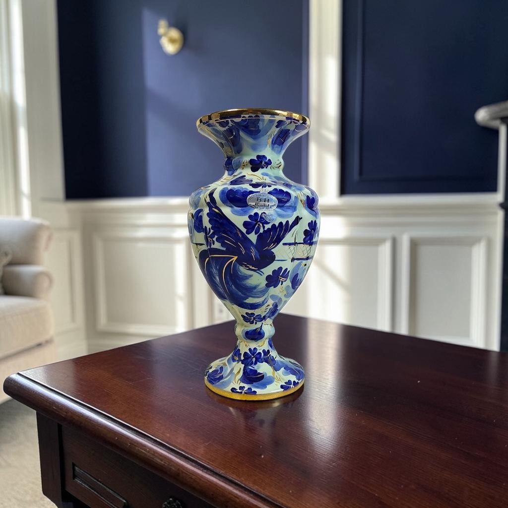 Antique Belgian Hand-Painted Bleu Blanc Porcelain Vase with Gold Accents