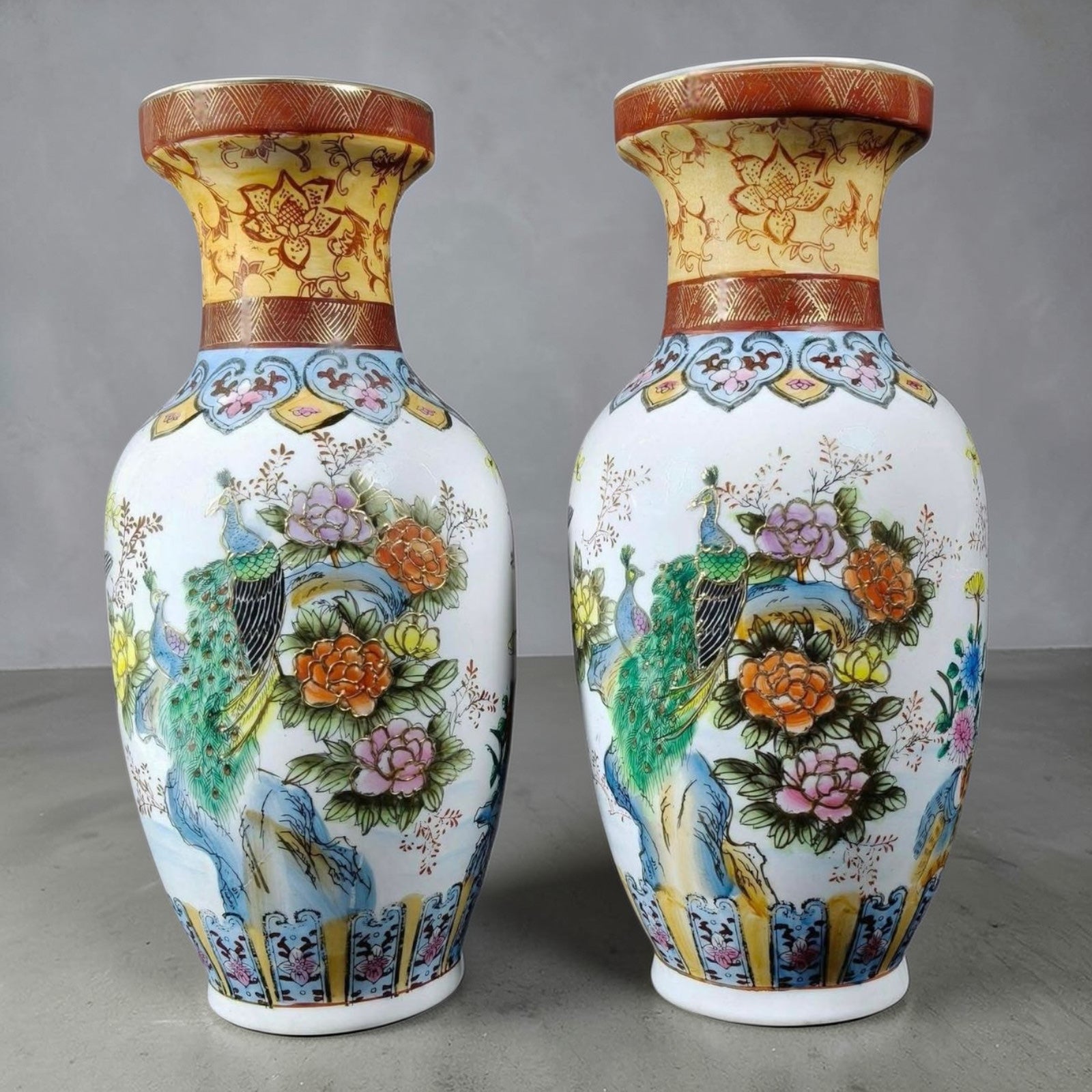 Chinoiserie Porcelain Vases with Peacock Design