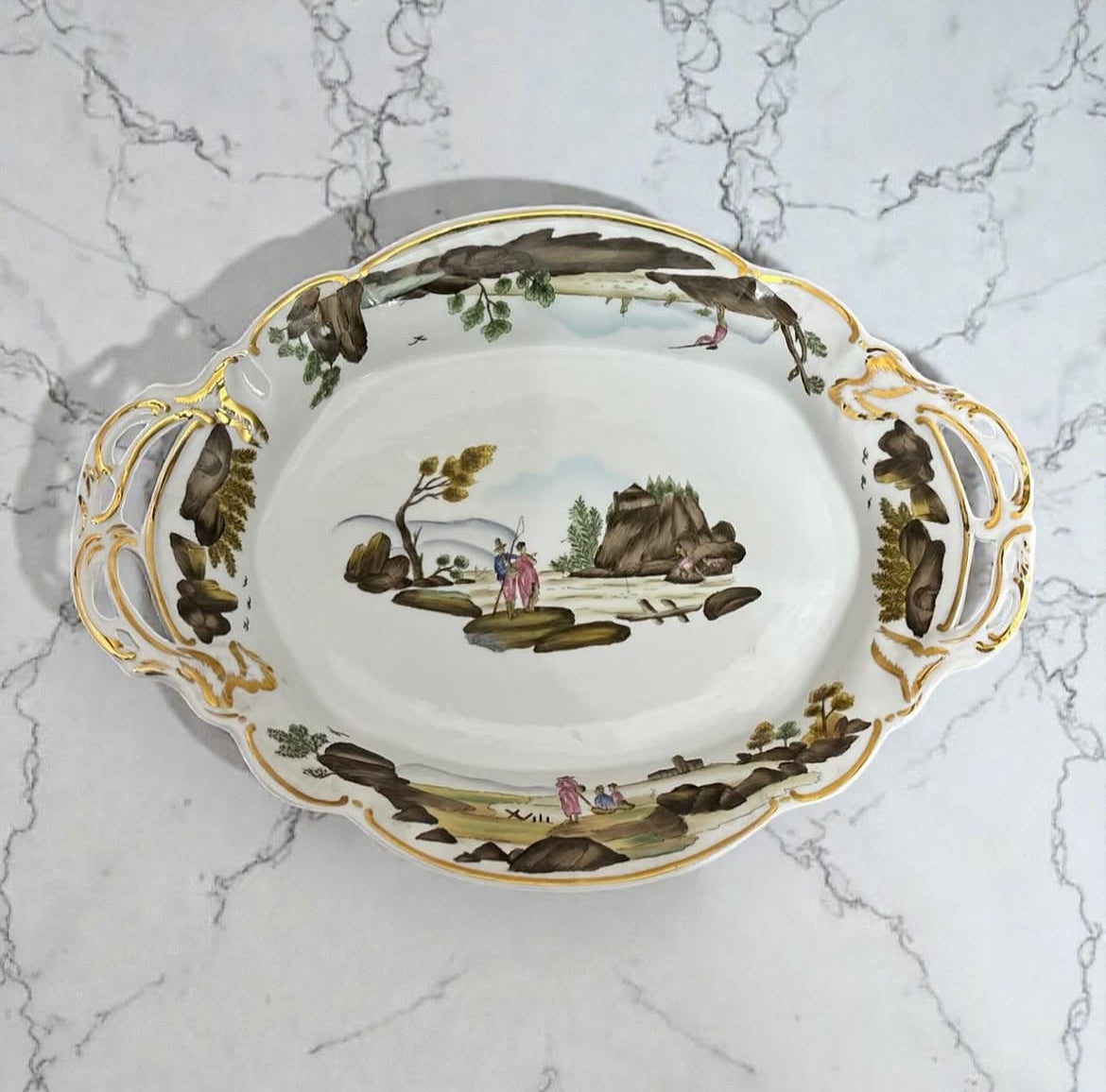 Hand-Painted Gold-Accented Fishermen Porcelain Platter