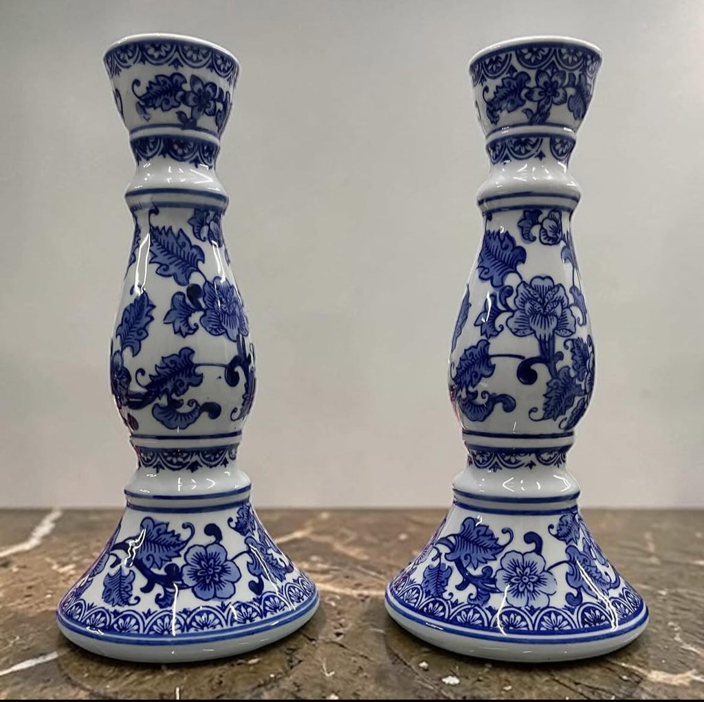 Bleu Blanc Hand-Painted Candle Holders