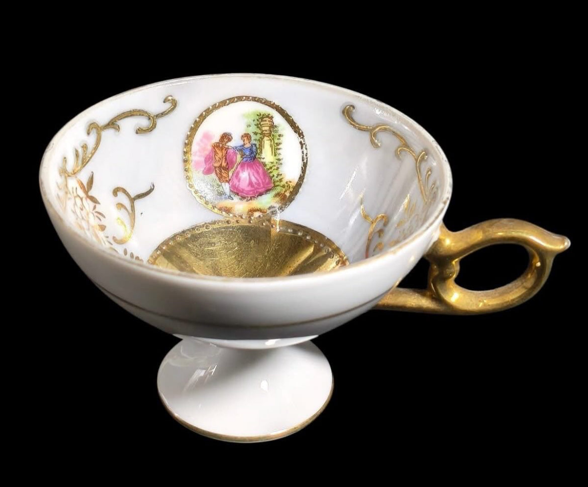 Porcelain Demitasse Cups & Saucers with Miniature Decoration and Gold Trim