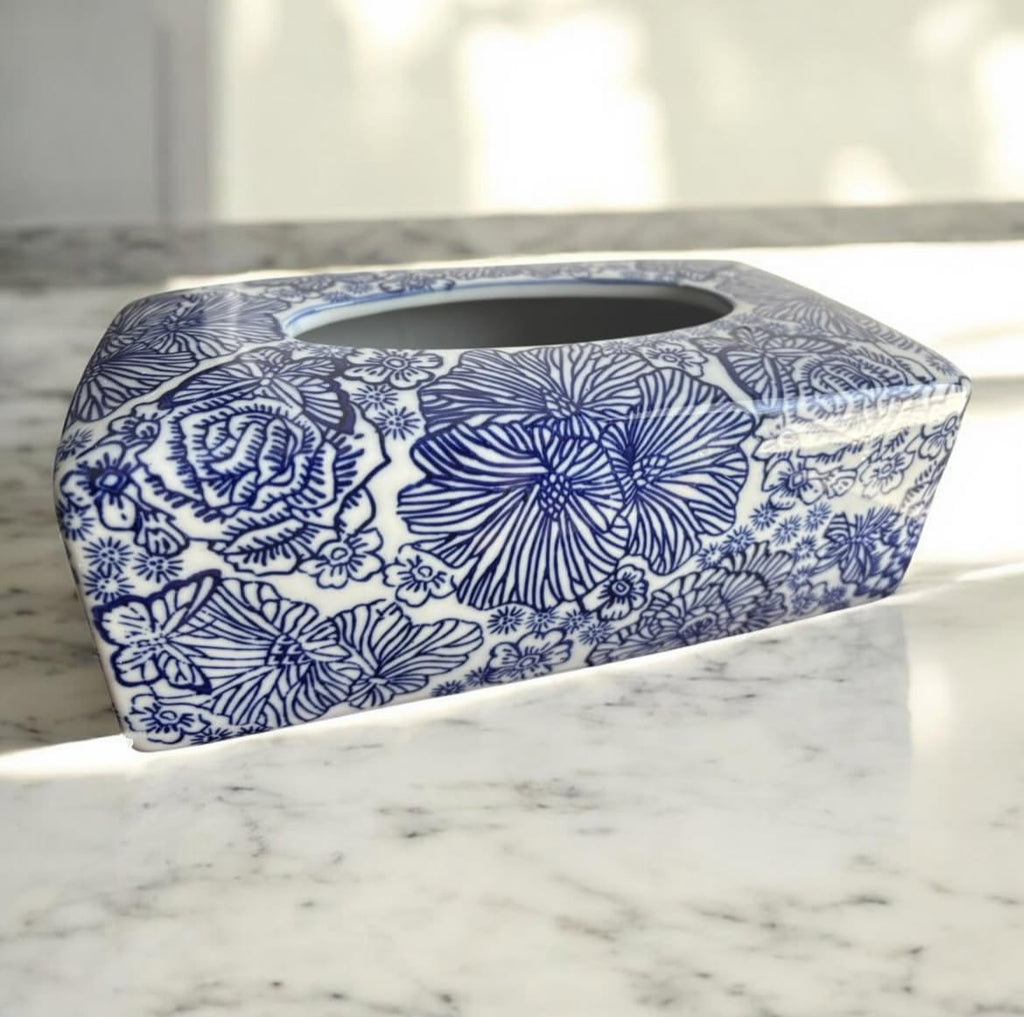 Bleu Blanc Hand-Painted Tissue Box