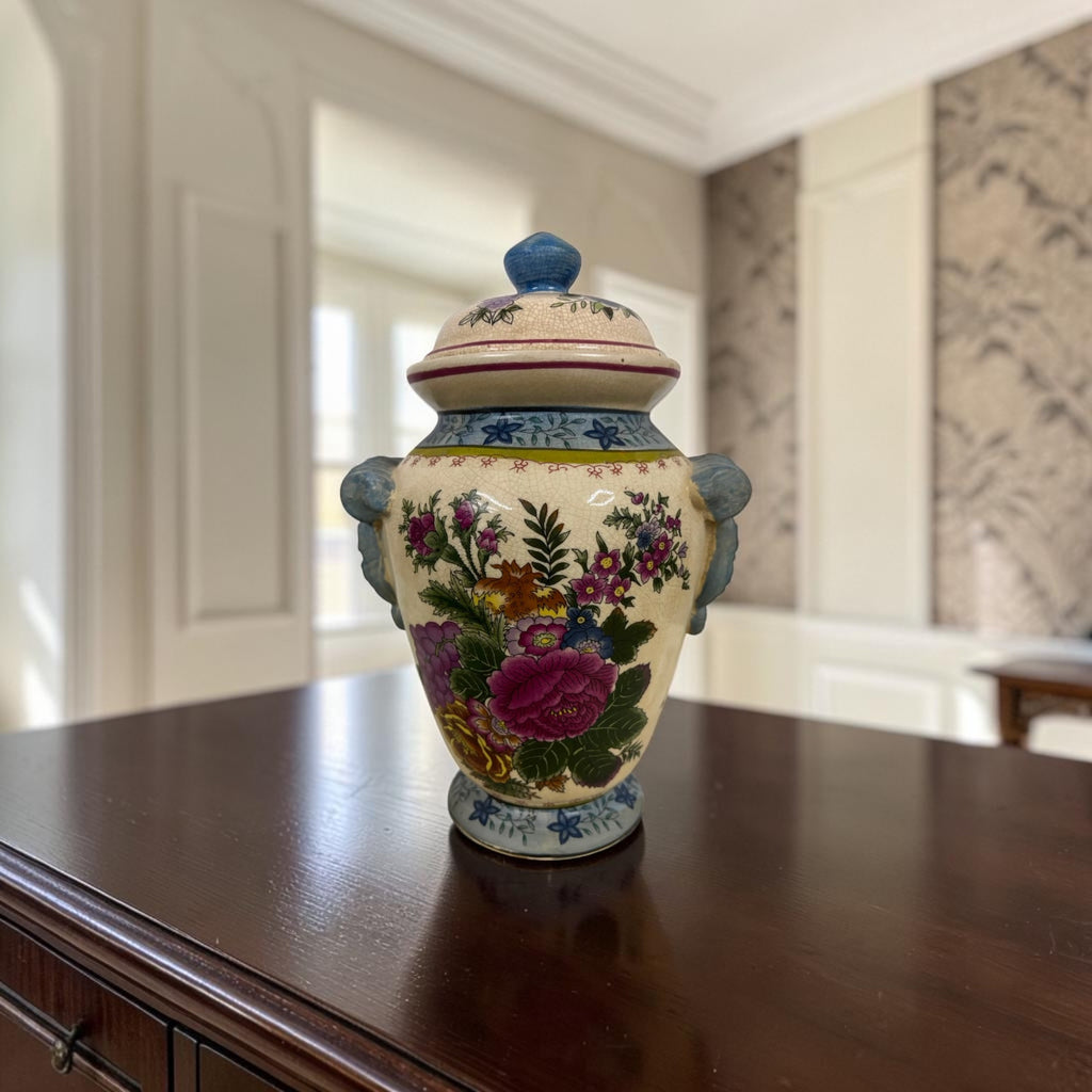 Antique Hand-Painted Chinoiserie Floral Potiche with Crackle Glaze