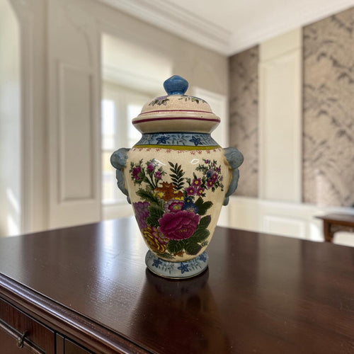 Antique Hand-Painted Chinoiserie Floral Potiche with Crackle Glaze