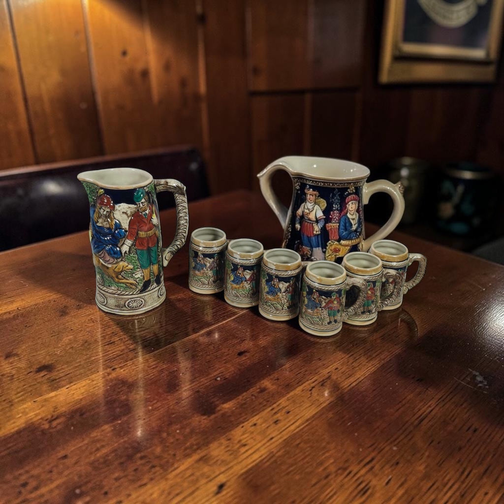 Antique Japanese Porcelain 7-Piece Set with Raised Figurines