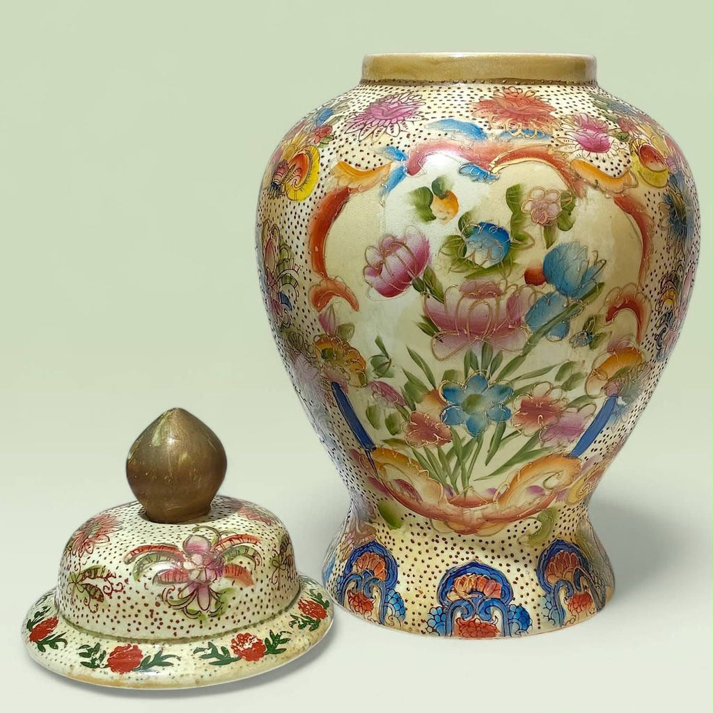 Large Chinoiserie Potiche with Hand-Painted Floral Miniatures & Gold Accents