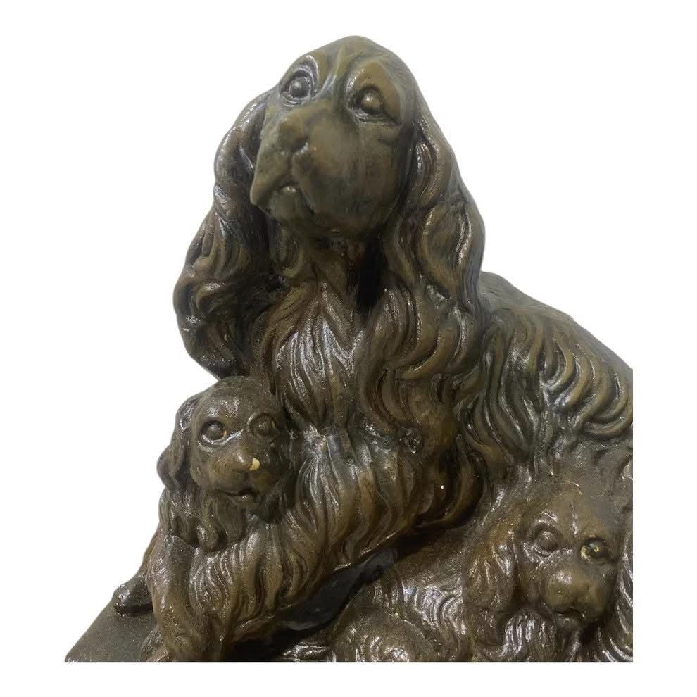 Authentic Antique French Spelter (Semi-Bronze) Statue – Three Dogs – Solid Wood Base