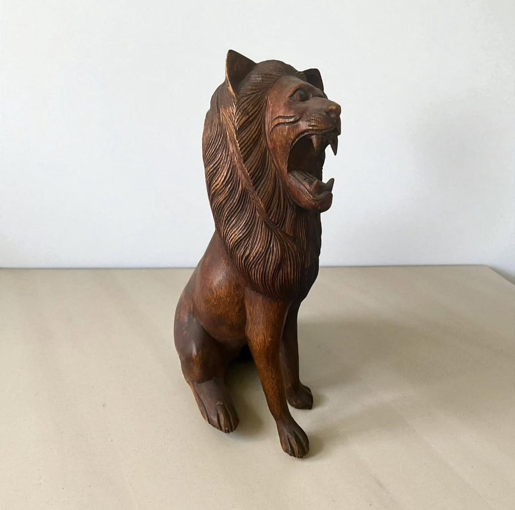 Indonesian Wooden Sitting Lion Sculpture