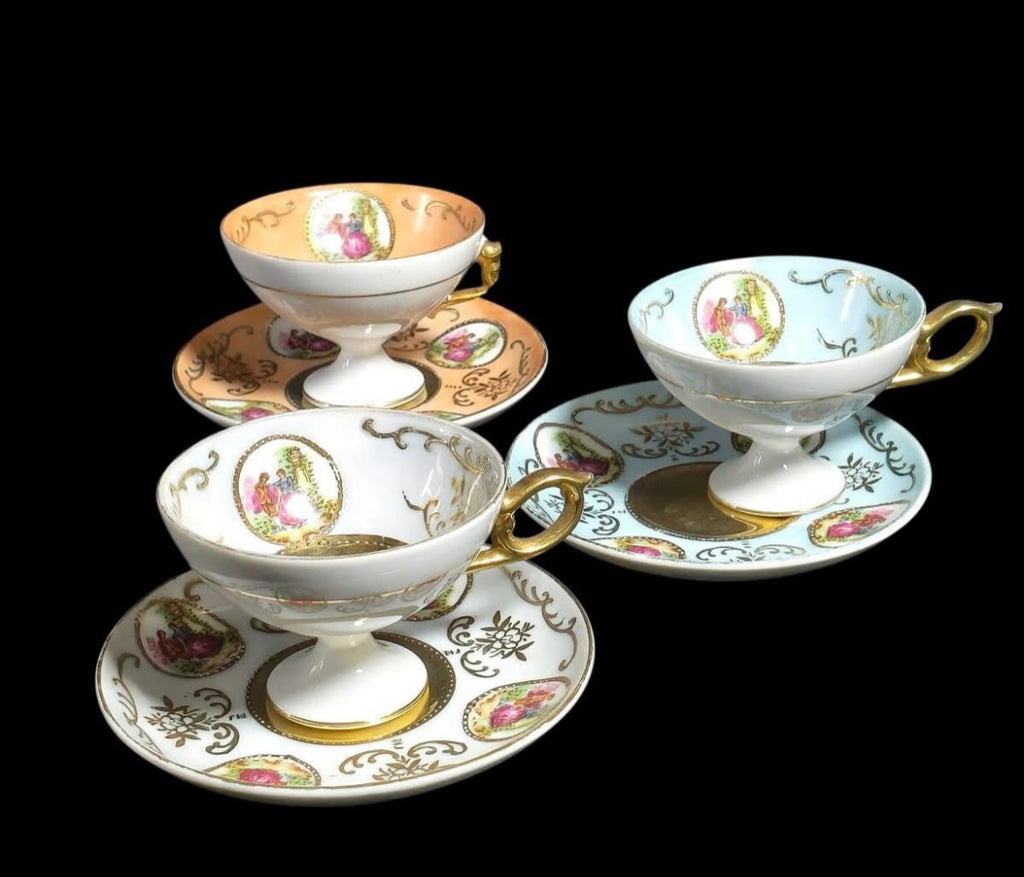 Porcelain Demitasse Cups & Saucers with Miniature Decoration and Gold Trim