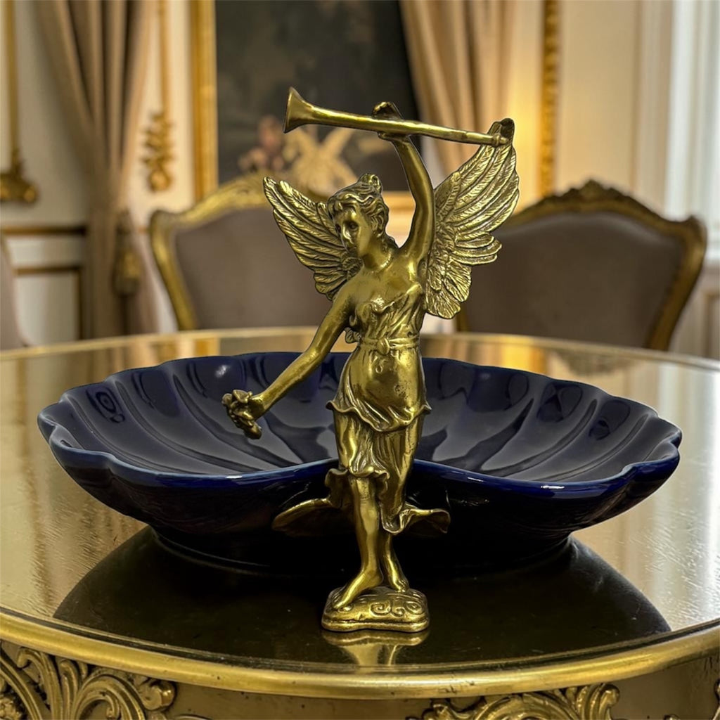 Stamped Porcelain Centerpiece with Solid Bronze Figurine – Cobalt Color