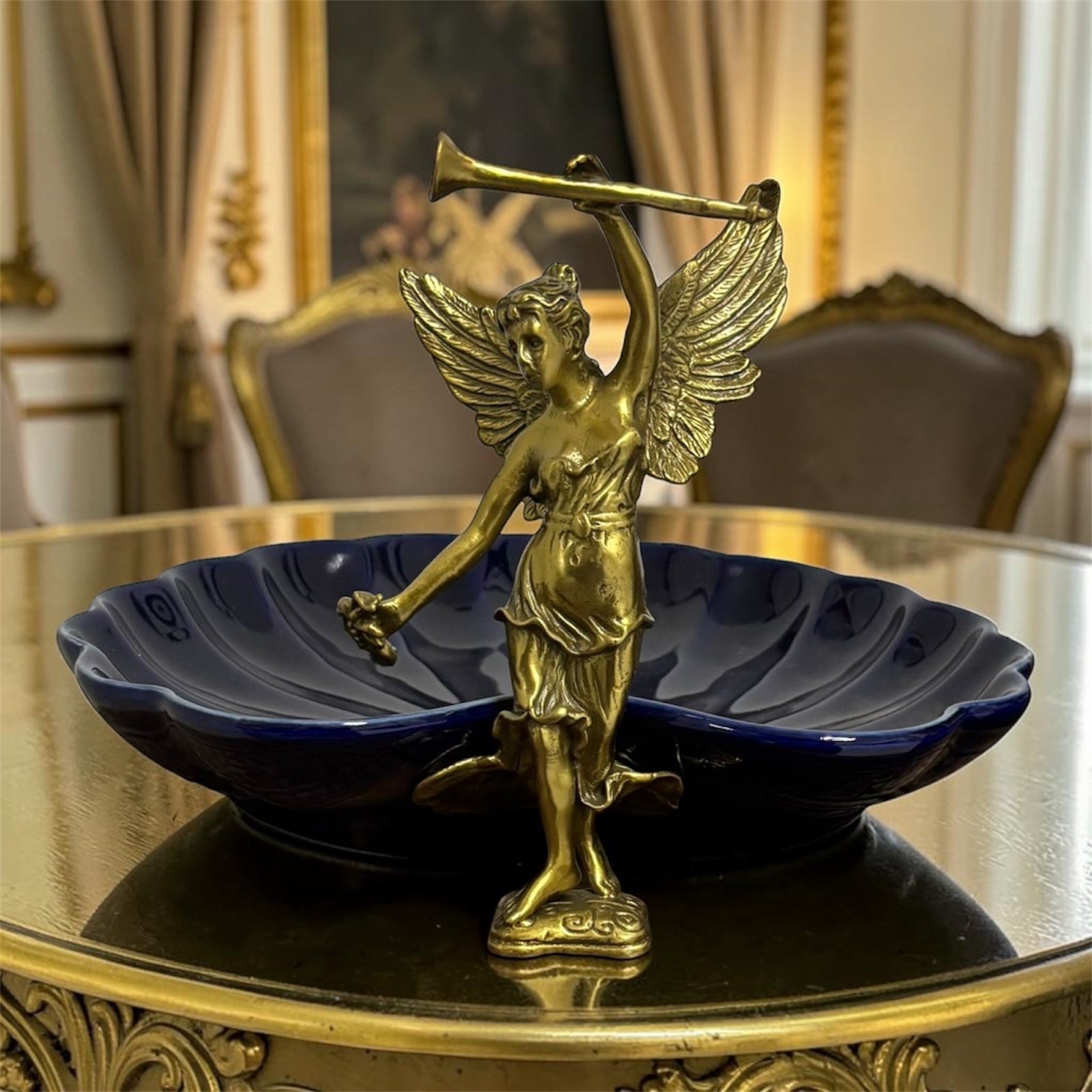Stamped Porcelain Centerpiece with Solid Bronze Figurine – Cobalt Color