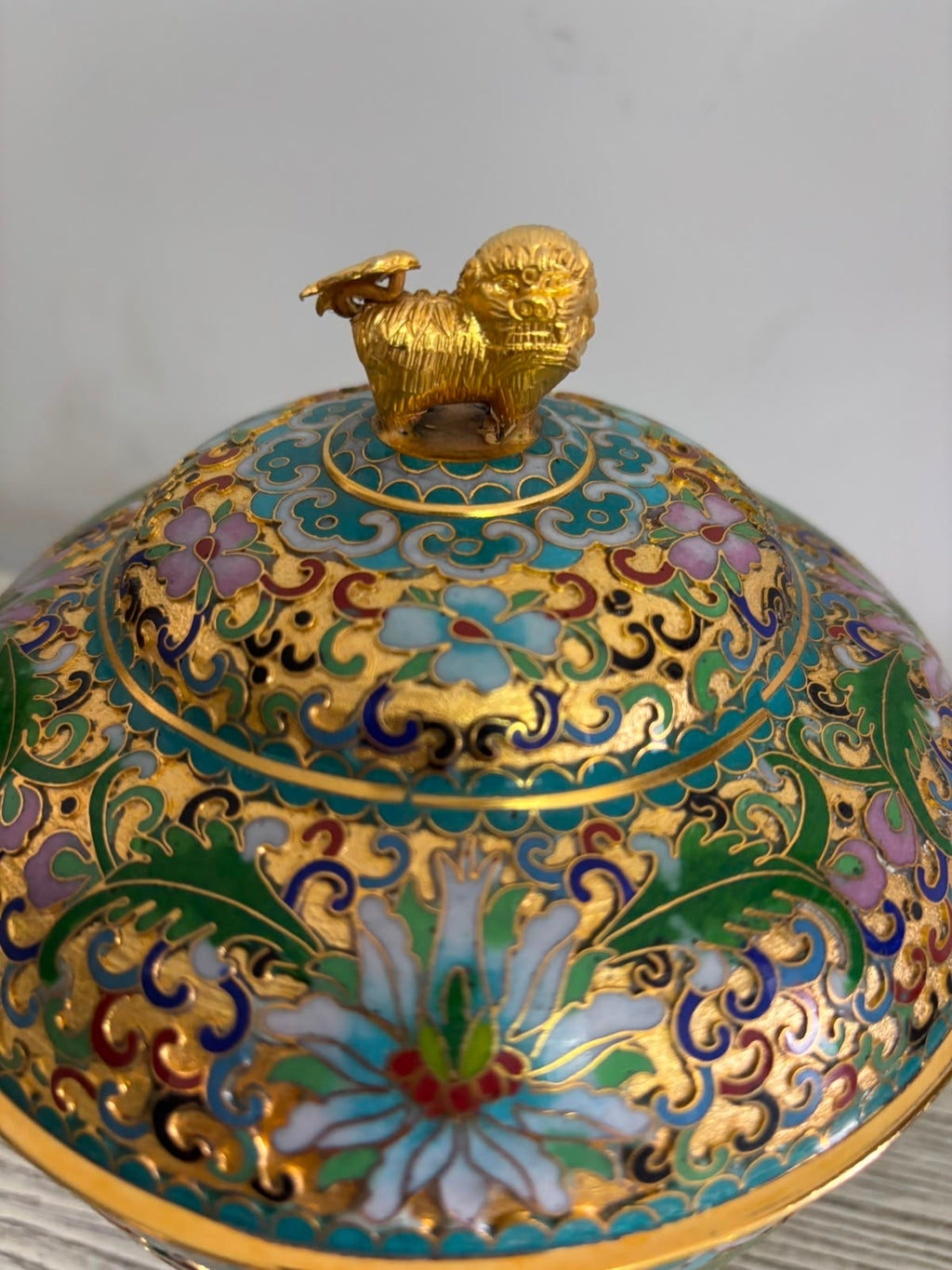 Raised Cloisonné Lidded Jar with Lion Finial – Wooden Base