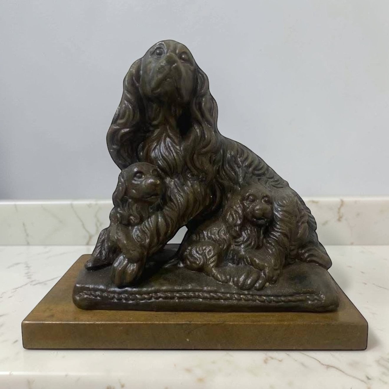 Authentic Antique French Spelter (Semi-Bronze) Statue – Three Dogs – Solid Wood Base