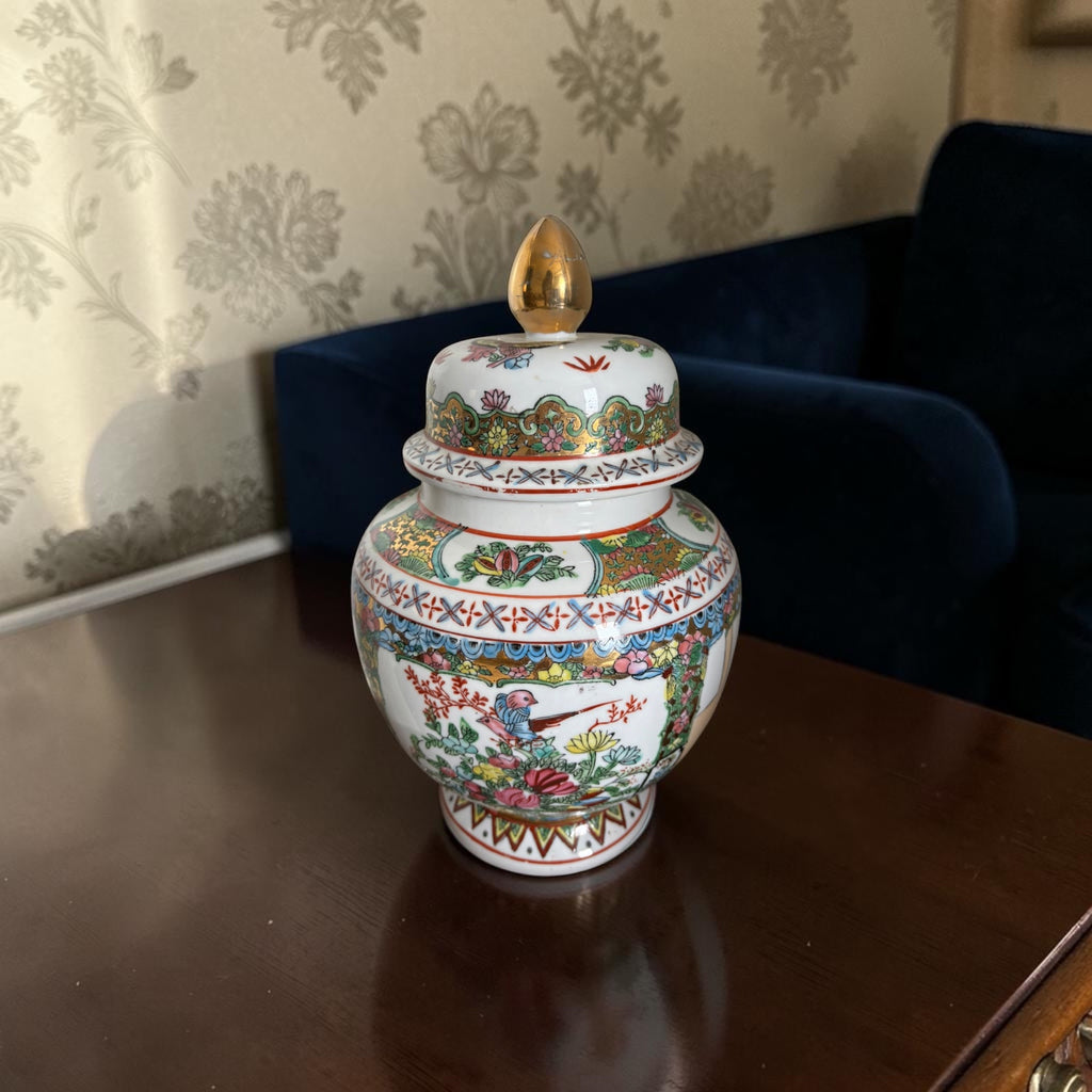 Large Vintage Chinoiserie Cachepot with Red Mark, Figures & Birds