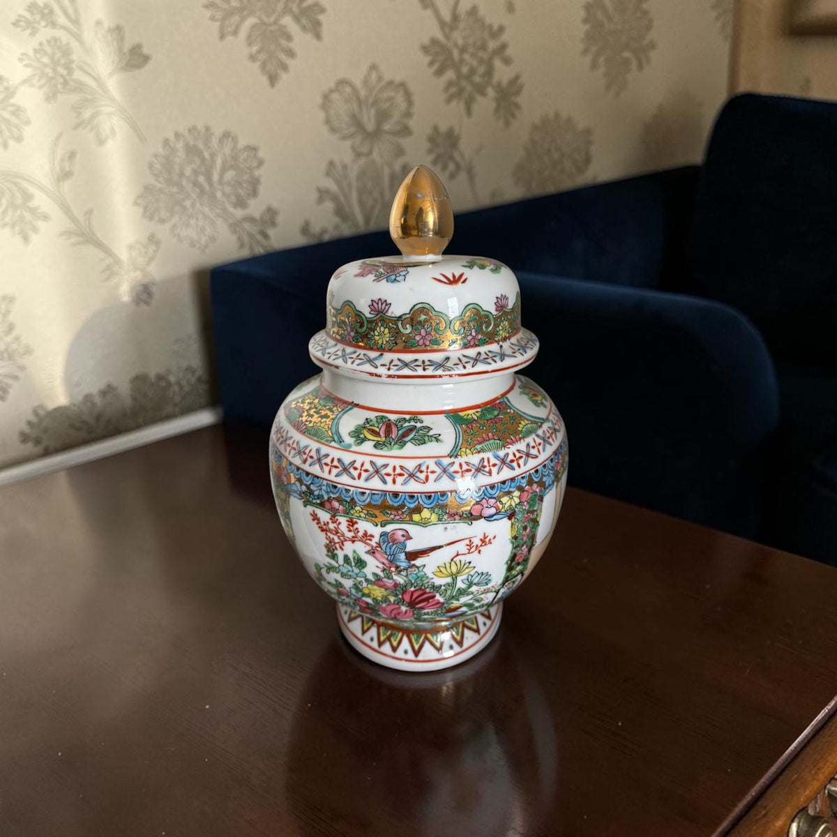 Large Vintage Chinoiserie Cachepot with Red Mark, Figures & Birds