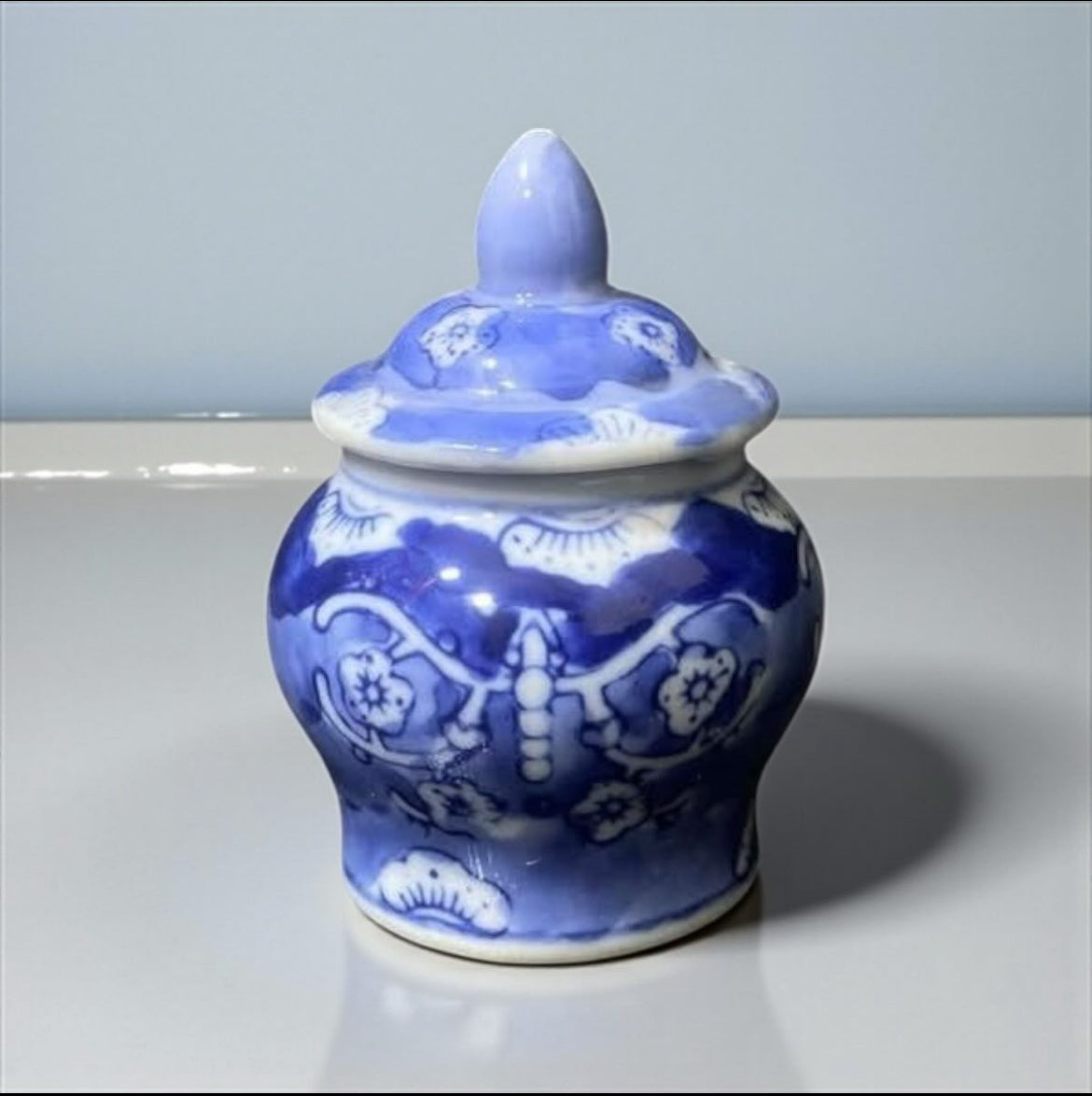 Set of 2 Lidded Cruets – Bleu Blanc Chinese Porcelain – Hand-Painted – Vintage