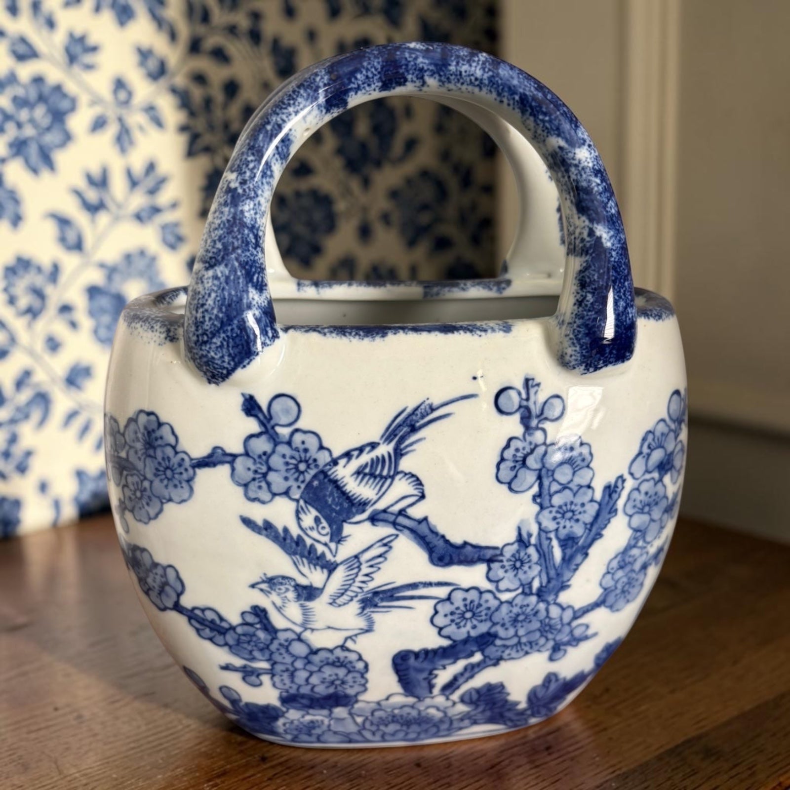 Bleu Blanc Porcelain Bag Vase – Hand-Painted Floral & Bird Design