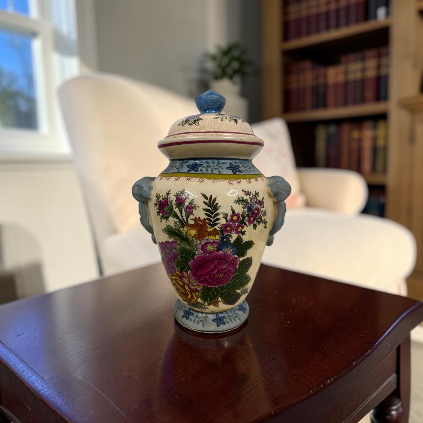 Antique Hand-Painted Chinoiserie Floral Potiche with Crackle Glaze