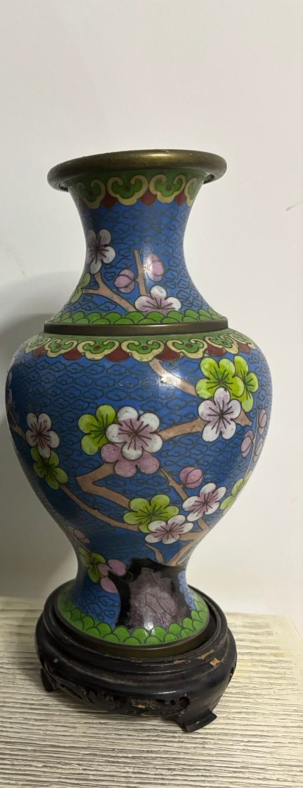 Smooth Cloisonné Vase with Floral & Bird Motifs and Base
