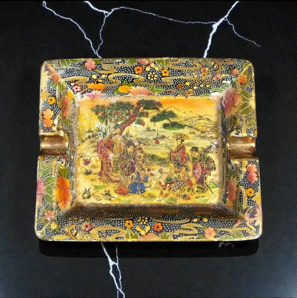 Chinoiserie Porcelain Ashtrays – Raised Bride Motifs – Satsuma Marked