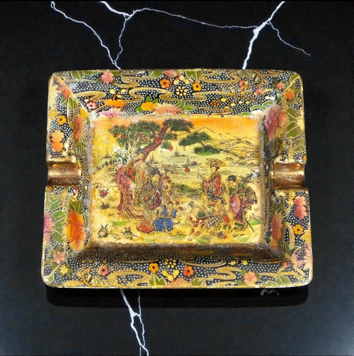 Chinoiserie Porcelain Ashtrays – Raised Bride Motifs – Satsuma Marked