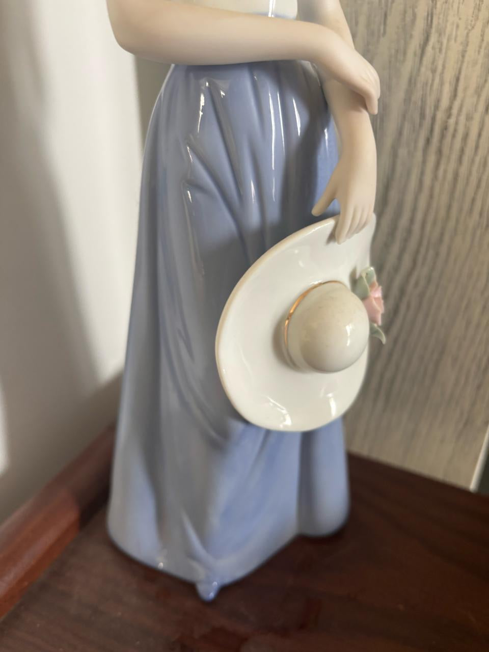 European Porcelain Figurine – Lady with Bonnet – Blue & White Dress