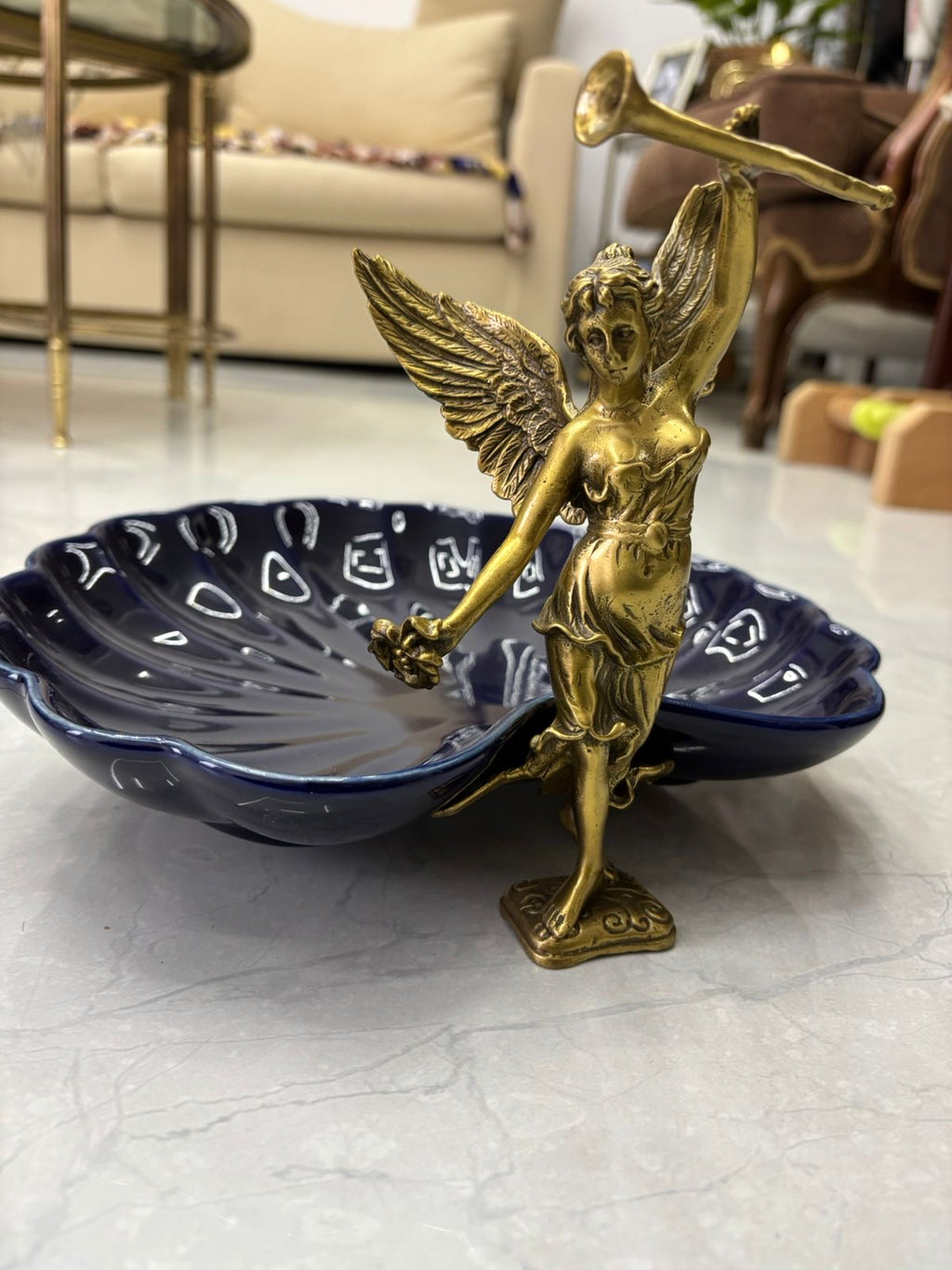 Stamped Porcelain Centerpiece with Solid Bronze Figurine – Cobalt Color