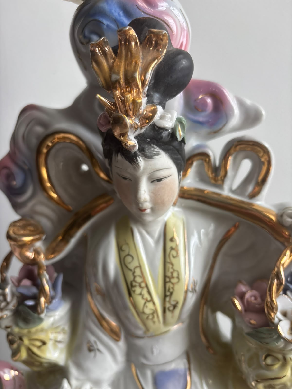 Large Chinoiserie Lady, Horse & Floral Lamp with Clock