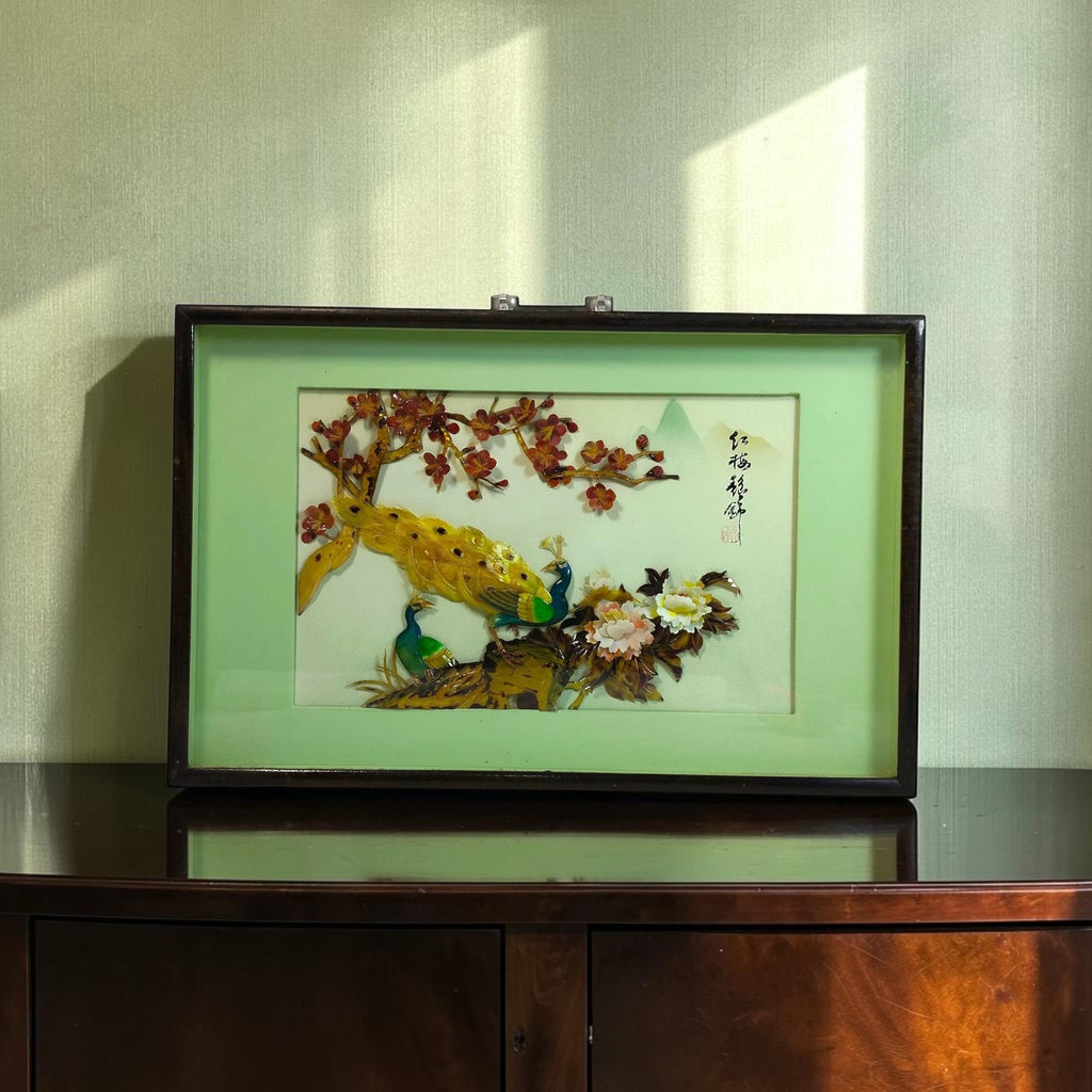 Wooden Frame with Raised Jade Floral & Bird Artwork